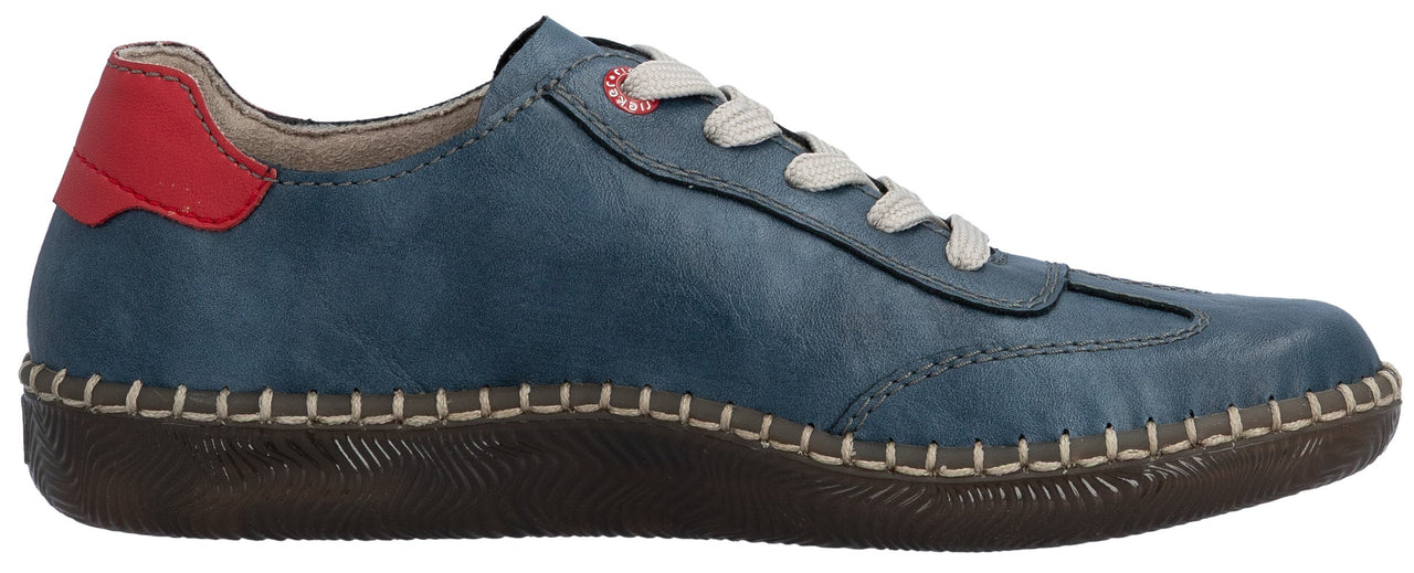 Blue leather sneaker with red heel counter and off-white laces.