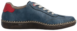 Blue leather sneaker with red heel counter and off-white laces.
