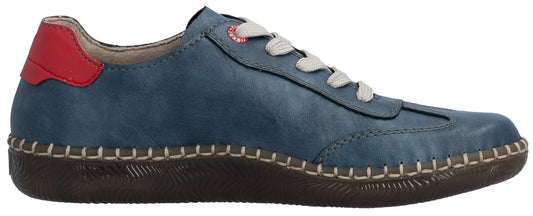 Blue leather sneaker with red heel counter and off-white laces.