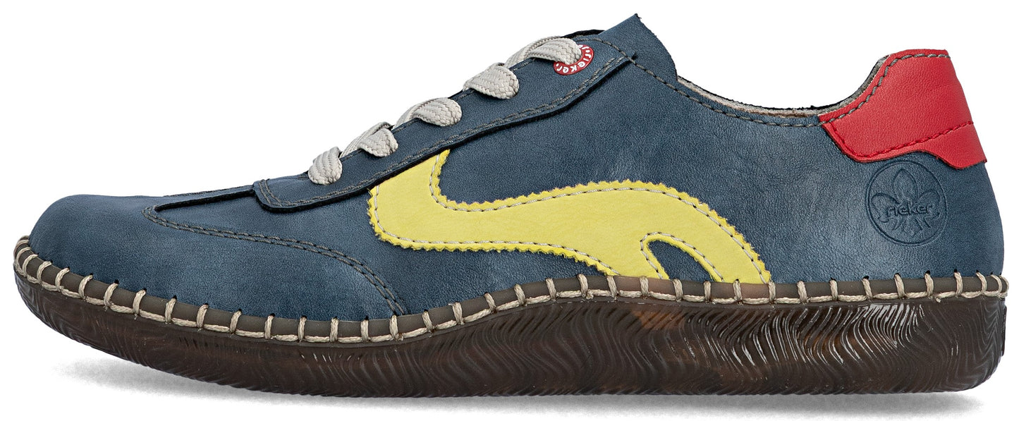 A blue casual shoe with yellow side detail, gray laces, red heel, and brown sole.