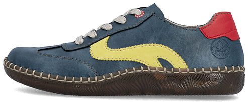 A blue casual shoe with yellow side detail, gray laces, red heel, and brown sole.