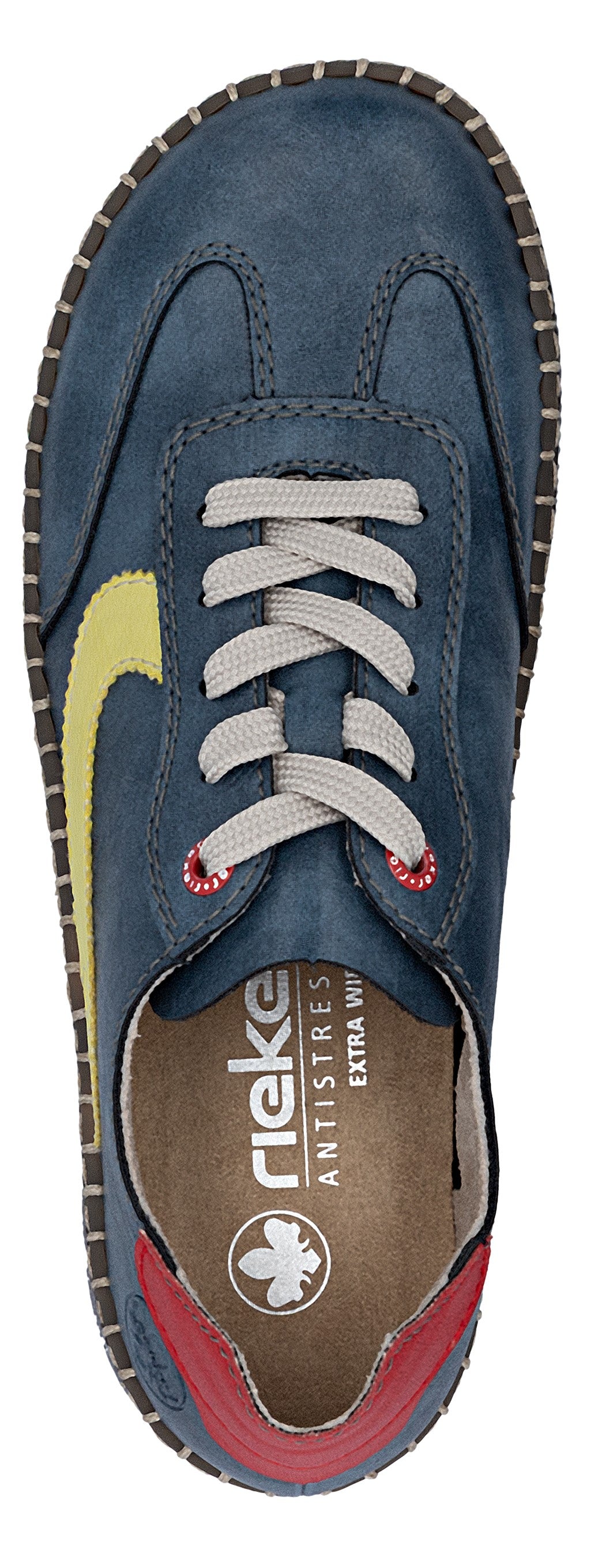 Top-down view of a blue suede sneaker with gray laces, yellow stripe on the side, red heel, and brown insole with "Rieker ANTISTRESS EXTRA WEIT" written on it.