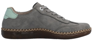 A grey casual shoe with a brown sole and light blue accent at the heel.
