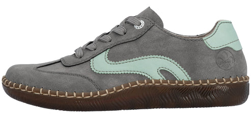 A gray sneaker with a light blue accent mark.