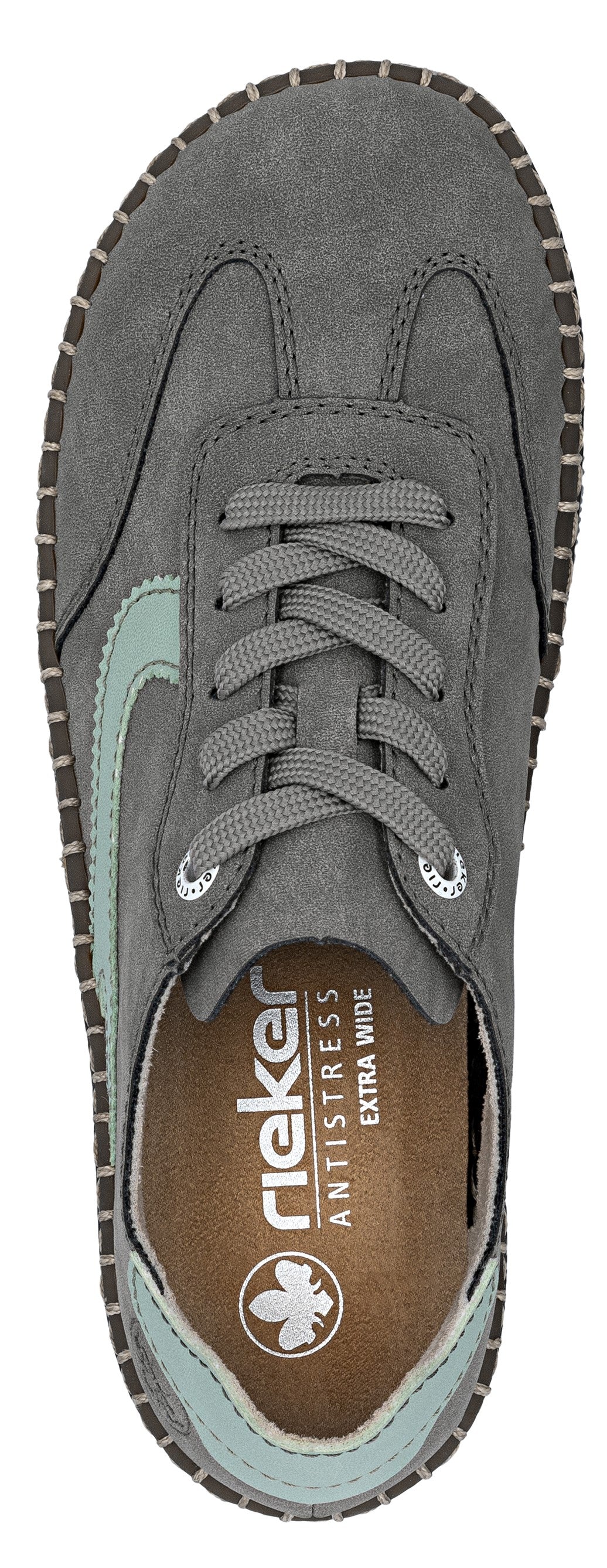 Grey sneaker with laces and light blue accent.