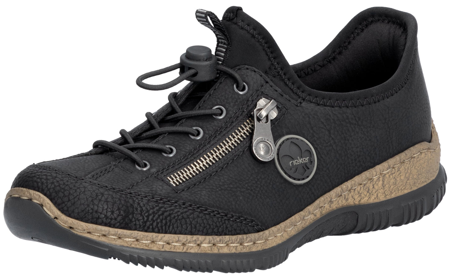 A black slip-on shoe with a textured toe and a tan, stitched midsole. It features an elastic drawstring lacing system and a decorative side zipper with a circular emblem featuring the word 'Rieker'.