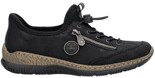 A black leather slip-on shoe with a side zipper detail, a toggle lace closure system, a textured beige midsole, and a black rubber outsole.