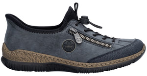 Low-profile blue shoe with a decorative zipper, black laces, and a black sole.