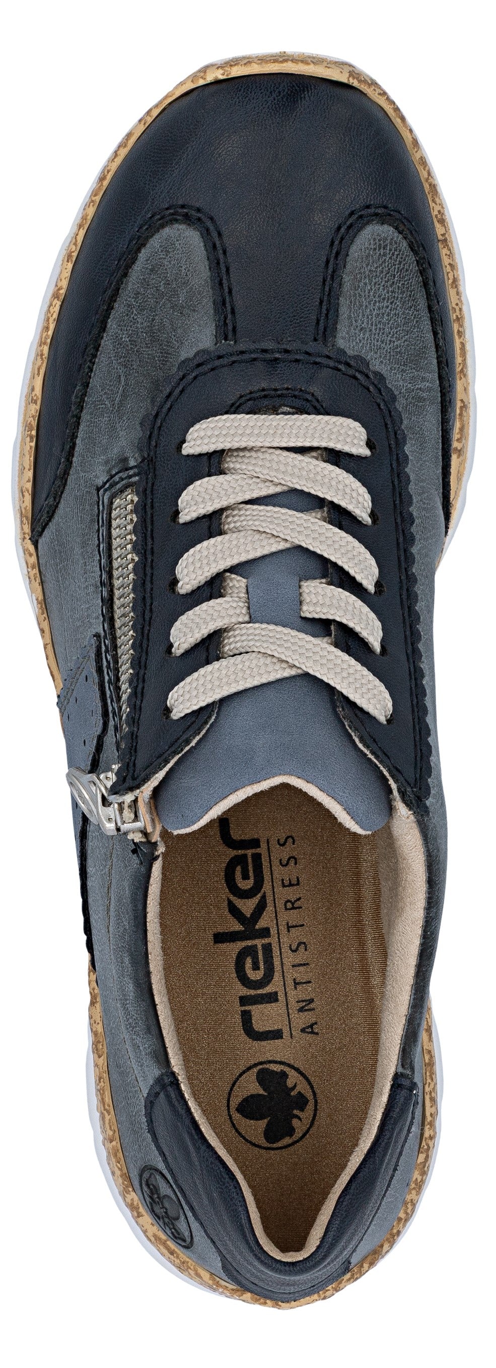 A top-down shot of a blue sneaker with off-white laces and a zipper.