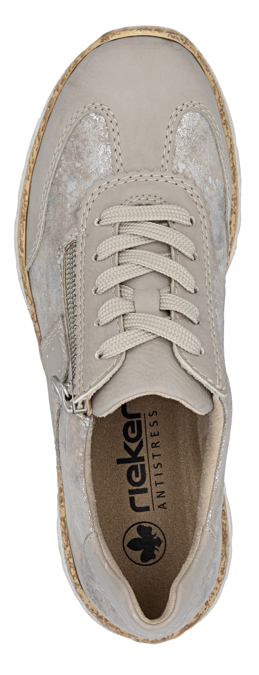 A flat-soled shoe with laces and a zipper.