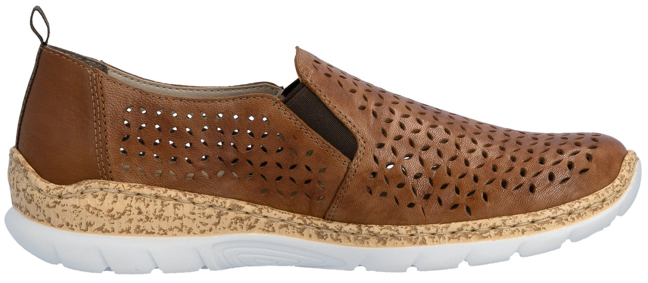 A brown perforated slip-on shoe with a white sole.
