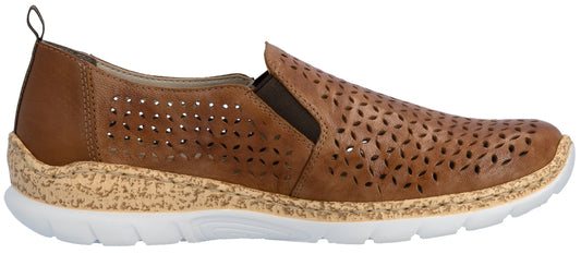 A brown perforated slip-on shoe with a white sole.