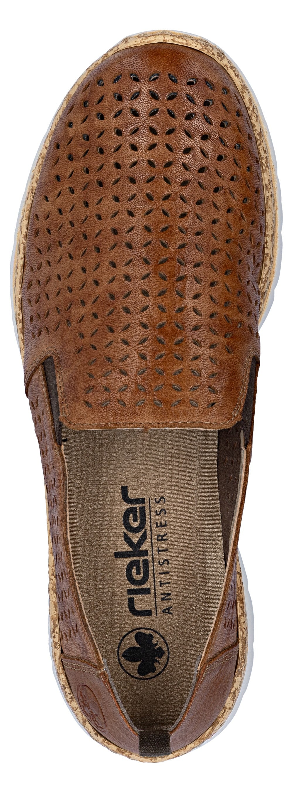 A brown slip-on shoe with perforated design.