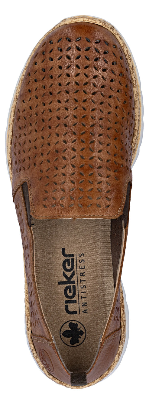 A brown slip-on shoe with perforated design.
