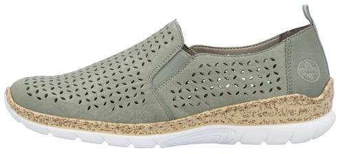 Perforated sage-colored slip-on shoe with a white sole.