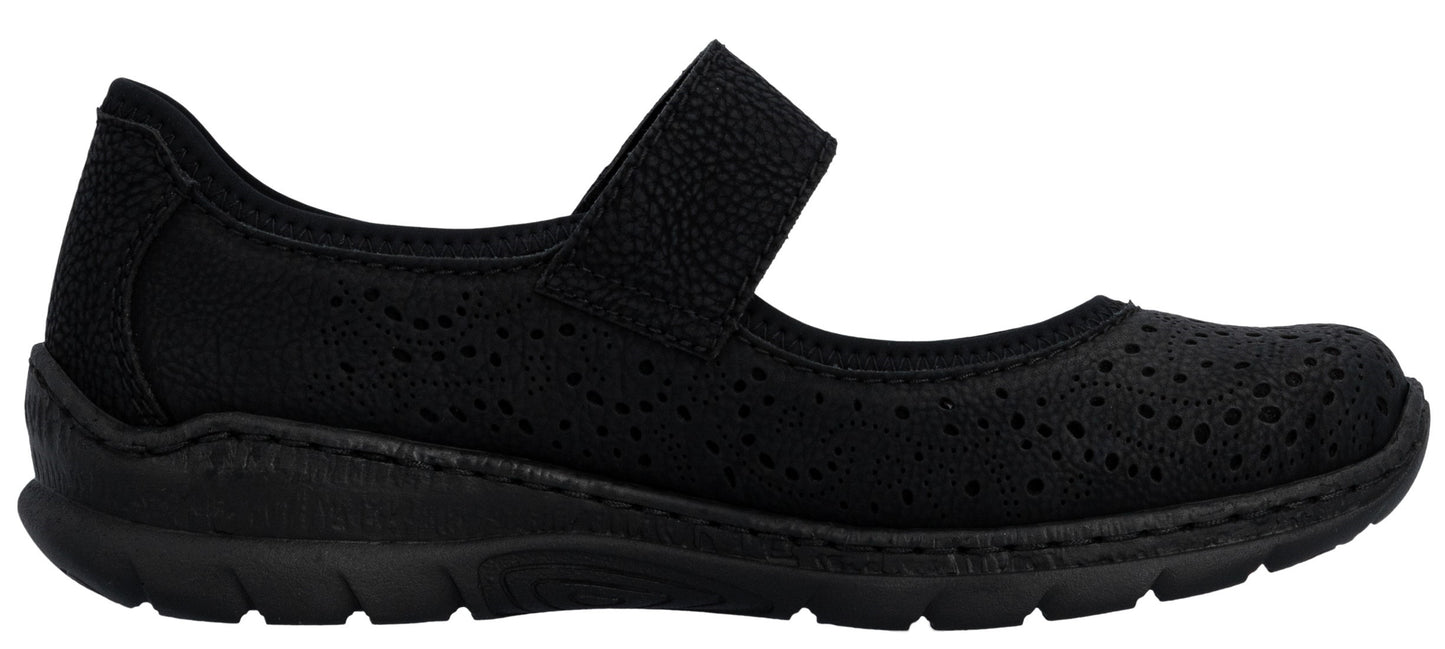 A black mary jane shoe with a decorative, perforated upper and a strap across the instep.