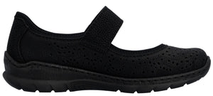 A black mary jane shoe with a decorative, perforated upper and a strap across the instep.