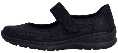 Black Mary Jane shoe with a strap and cut-out details.