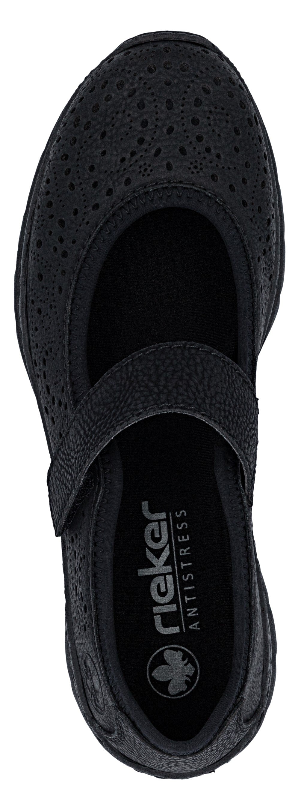 Black Mary Jane style shoe with hook-and-loop strap.