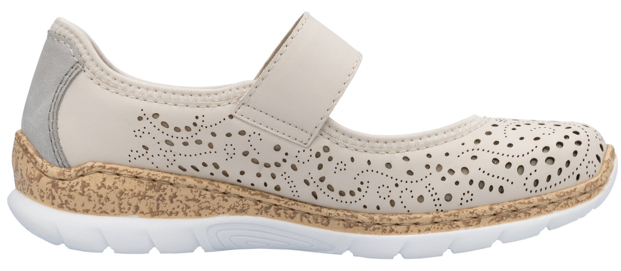 Beige Mary Jane style shoe with perforated design and white sole.