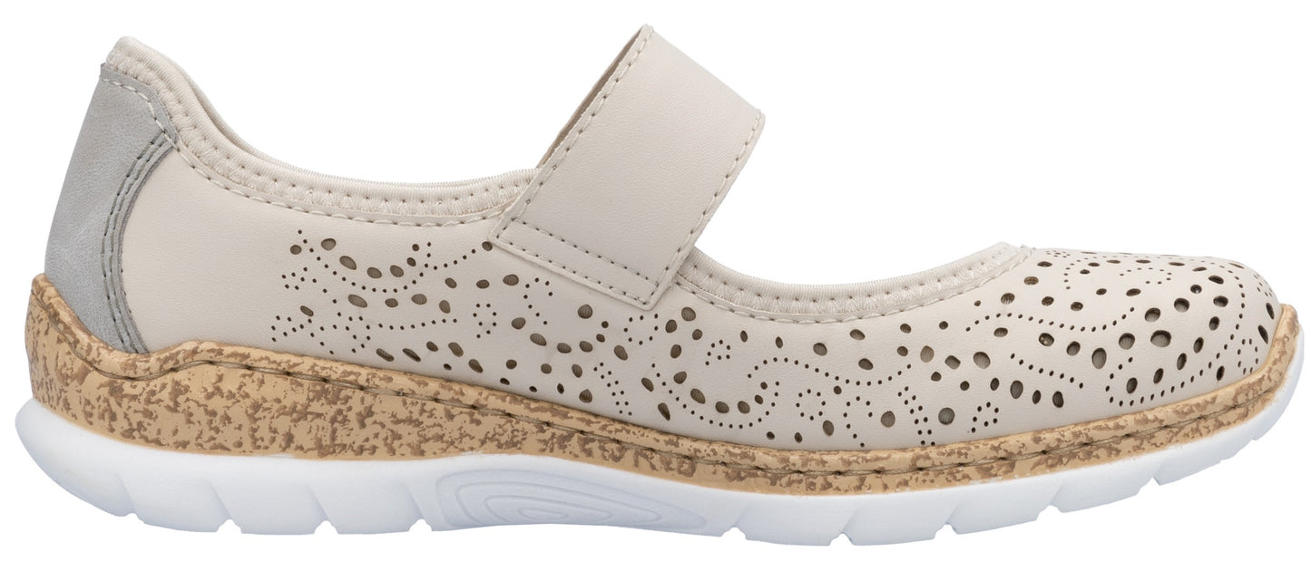 Beige Mary Jane style shoe with perforated design and white sole.