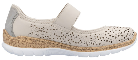 Beige Mary Jane style shoe with perforated design and white sole.