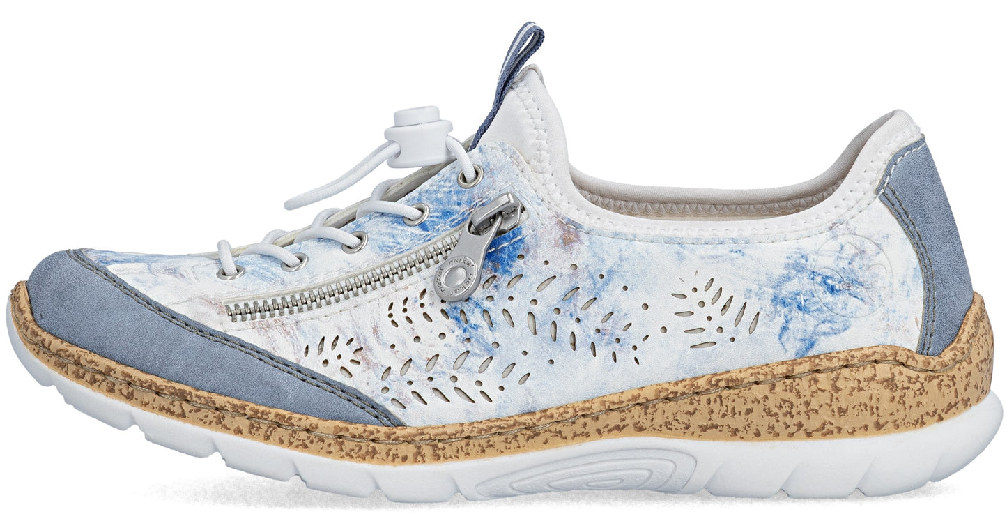 White and blue floral sneaker with side zipper and cork midsole.