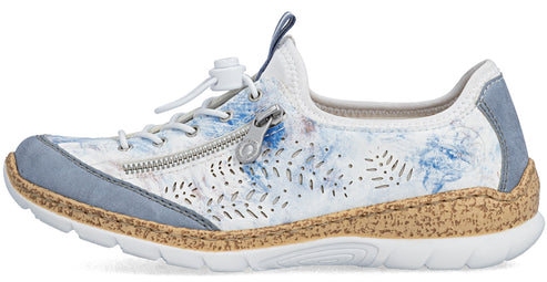 White and blue floral sneaker with side zipper and cork midsole.