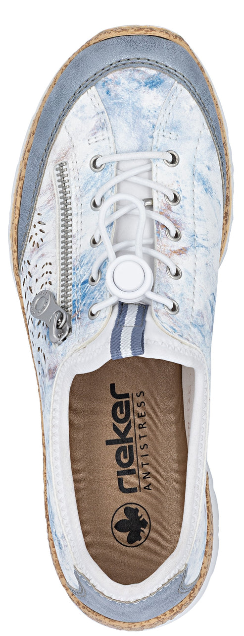 White sneaker with blue floral pattern, zipper detail, and adjustable elastic laces.