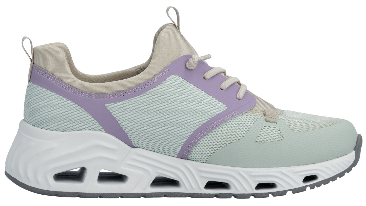 A side view of a light green and lavender athletic shoe with white rubber soles.
