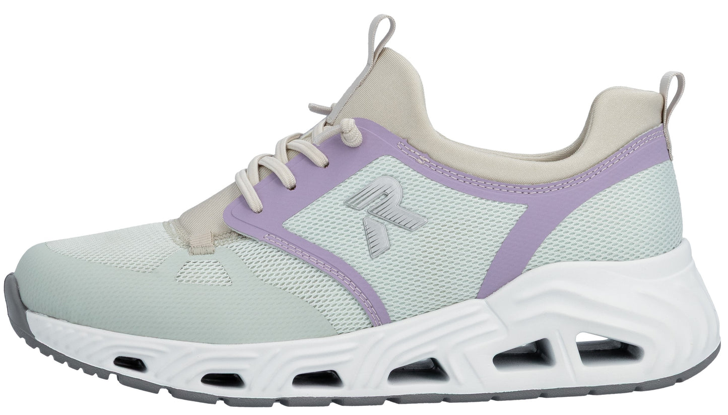 A light green athletic shoe with lavender trim and white sole.