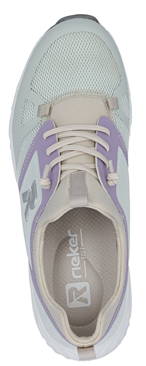 Top-down view of a light gray sneaker with lavender accents, featuring a mesh upper and light-colored laces.