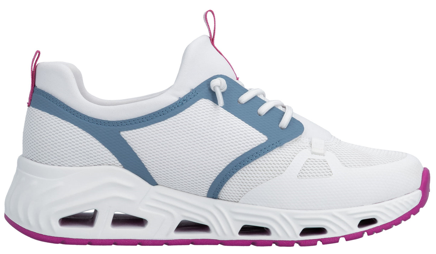 White athletic shoe with blue accents and a magenta sole and pull tab.