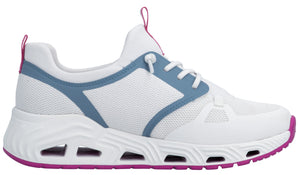 White athletic shoe with blue accents and a magenta sole and pull tab.