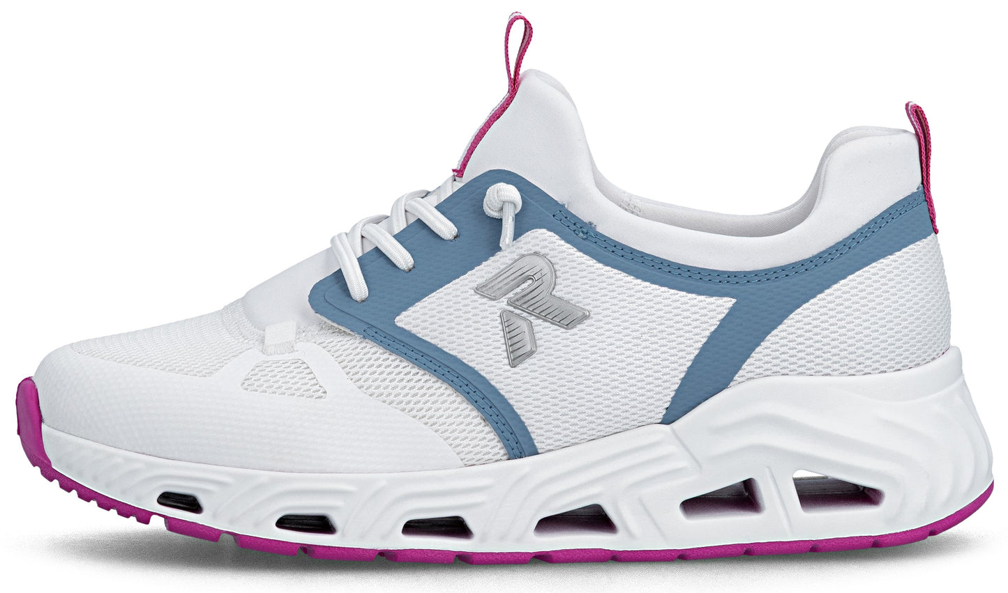A white sneaker with blue and pink accents, lace-up closure, mesh upper, and a thick, geometric sole.
