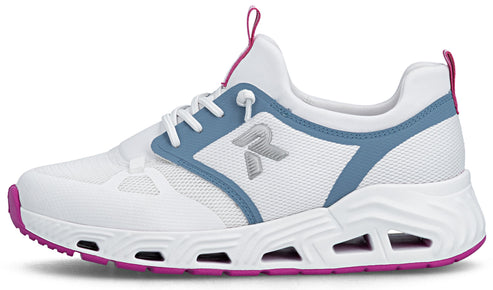 A white sneaker with blue and pink accents, lace-up closure, mesh upper, and a thick, geometric sole.
