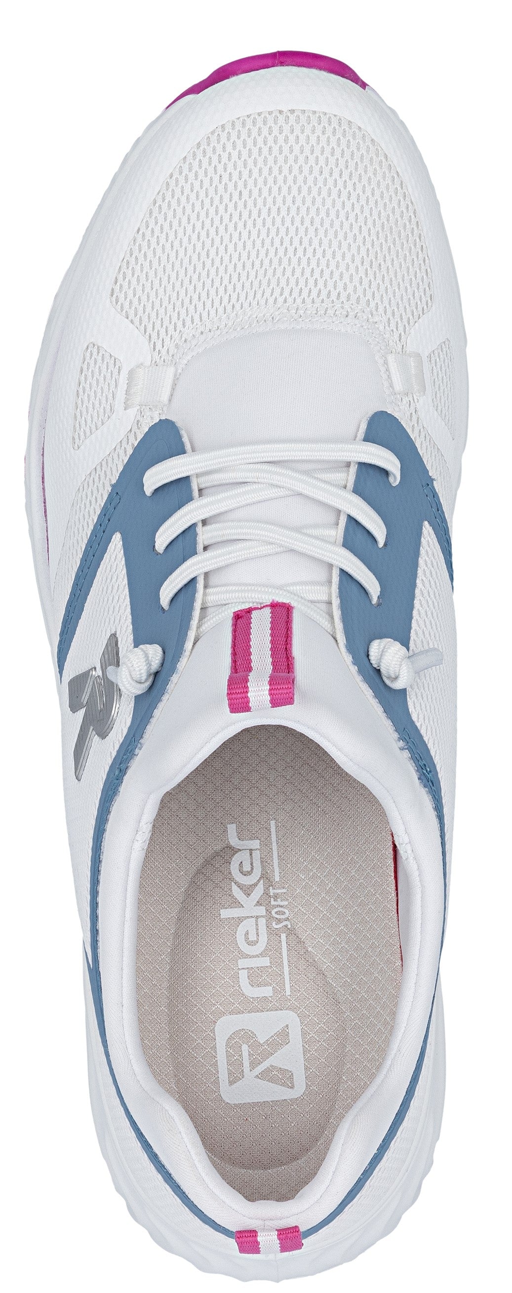 A white sneaker with blue and pink accents, featuring a mesh upper and the text "Rieker" on the insole.