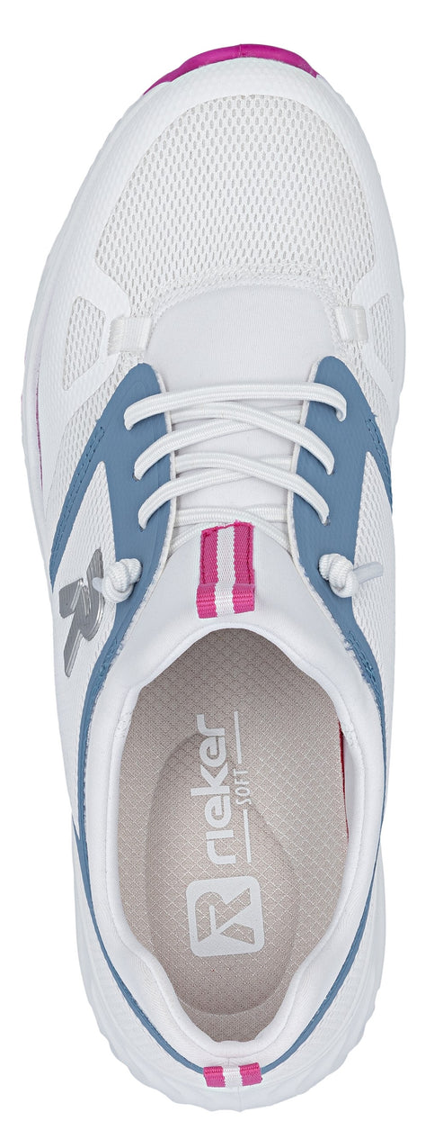 A white sneaker with blue and pink accents, featuring a mesh upper and the text "Rieker" on the insole.