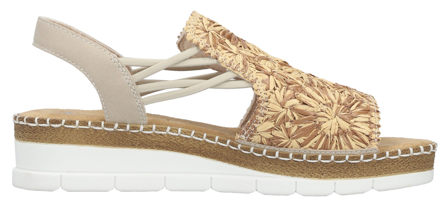 Sandals with crisscrossing straps and a woven design.