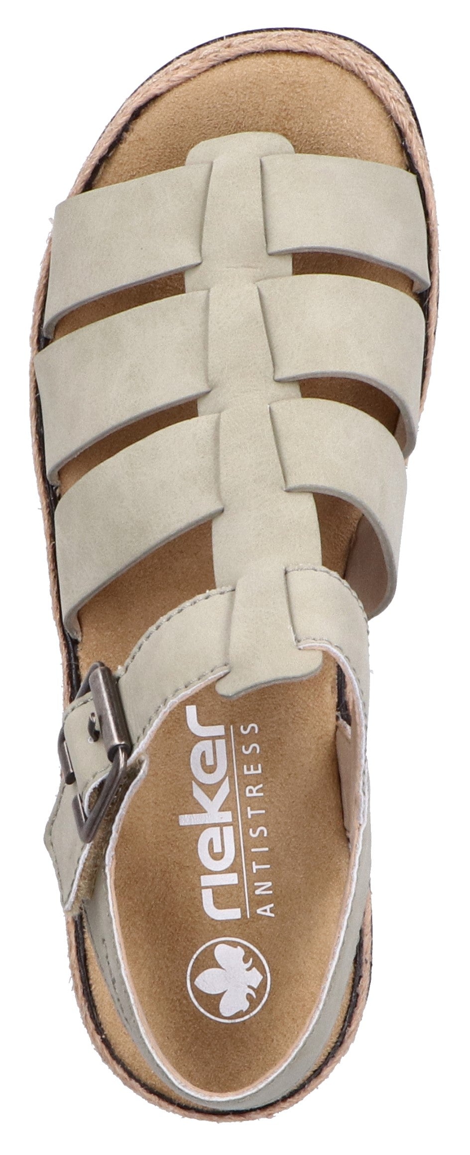 Top-down view of a rieker anti-stress sandal with multiple straps and a buckle.