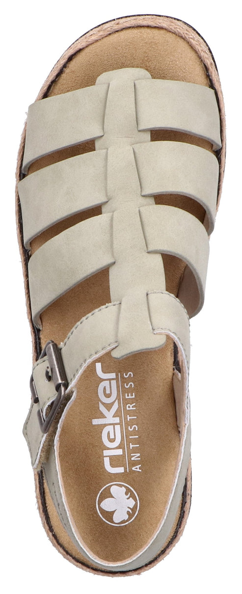 Top-down view of a rieker anti-stress sandal with multiple straps and a buckle.