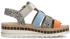 Platform sandal with straps in animal print, orange, silver, and blue.