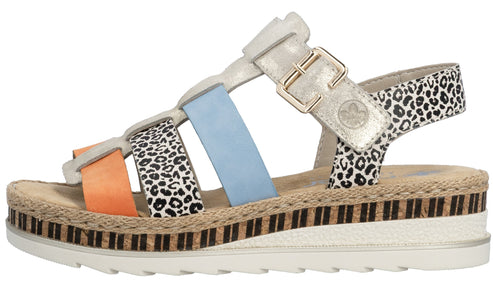 Sandals with orange, cheetah, blue and silver straps, ankle strap with buckle, platform sole with rope trim and patterned accent.
