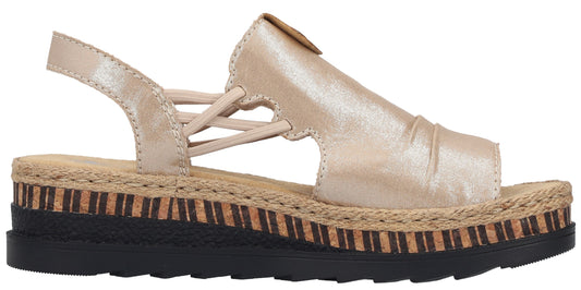 A beige platform sandal with a slingback strap.
