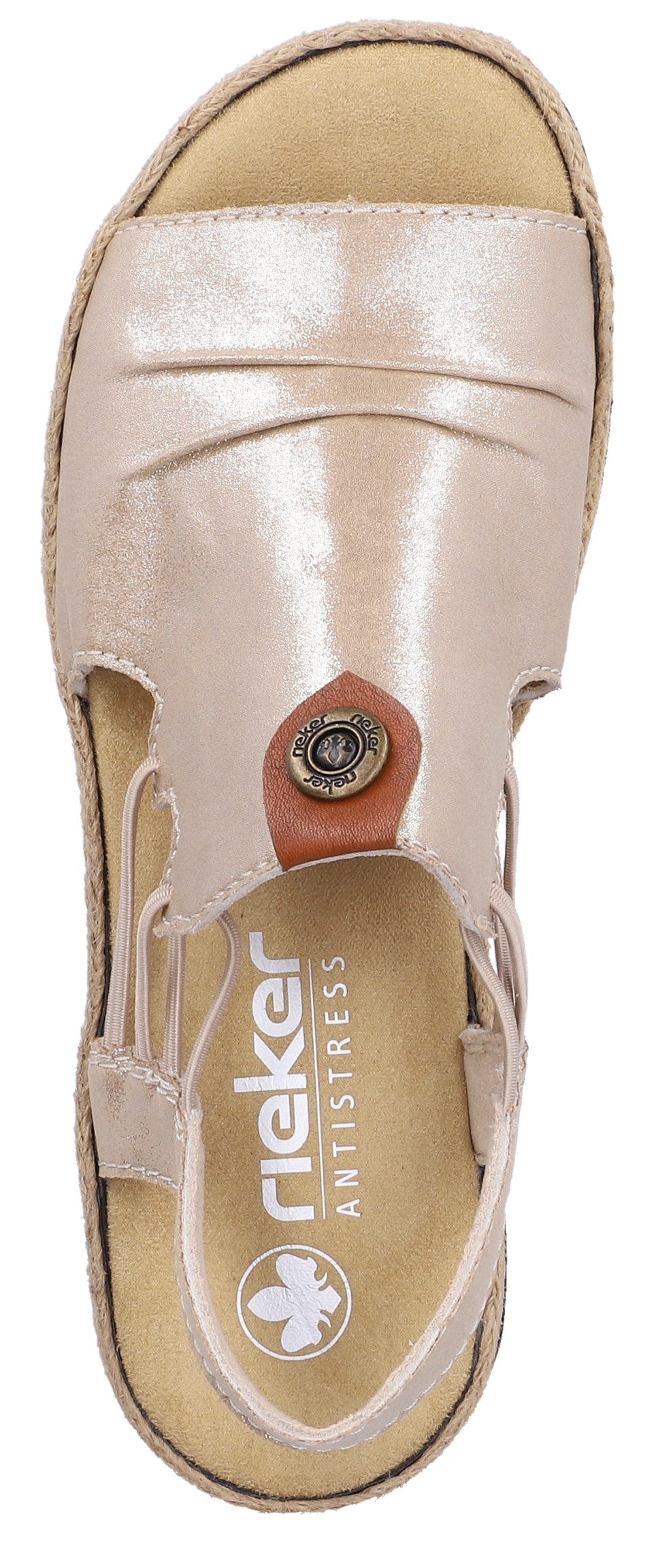 Sandal with a beige strap and a faux button detail.