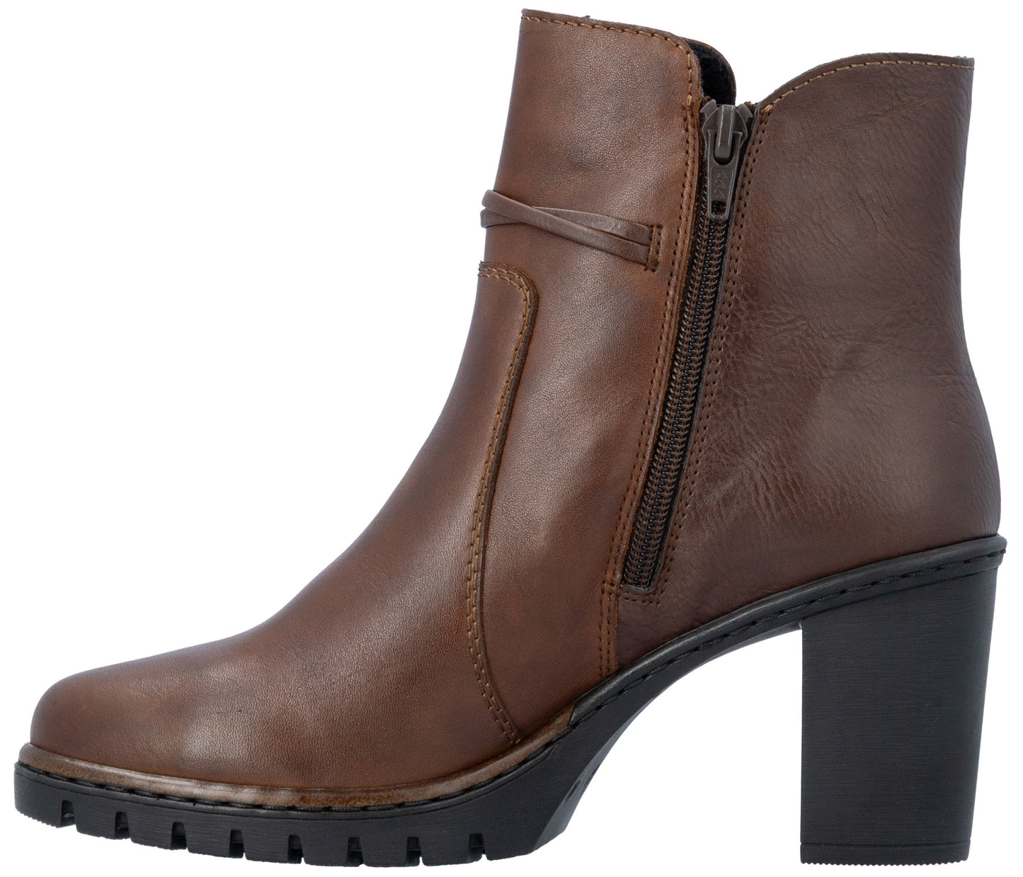 A brown leather ankle boot with a side zipper closure, a decorative wrap-around ankle strap, and a chunky, textured black block heel and sole.