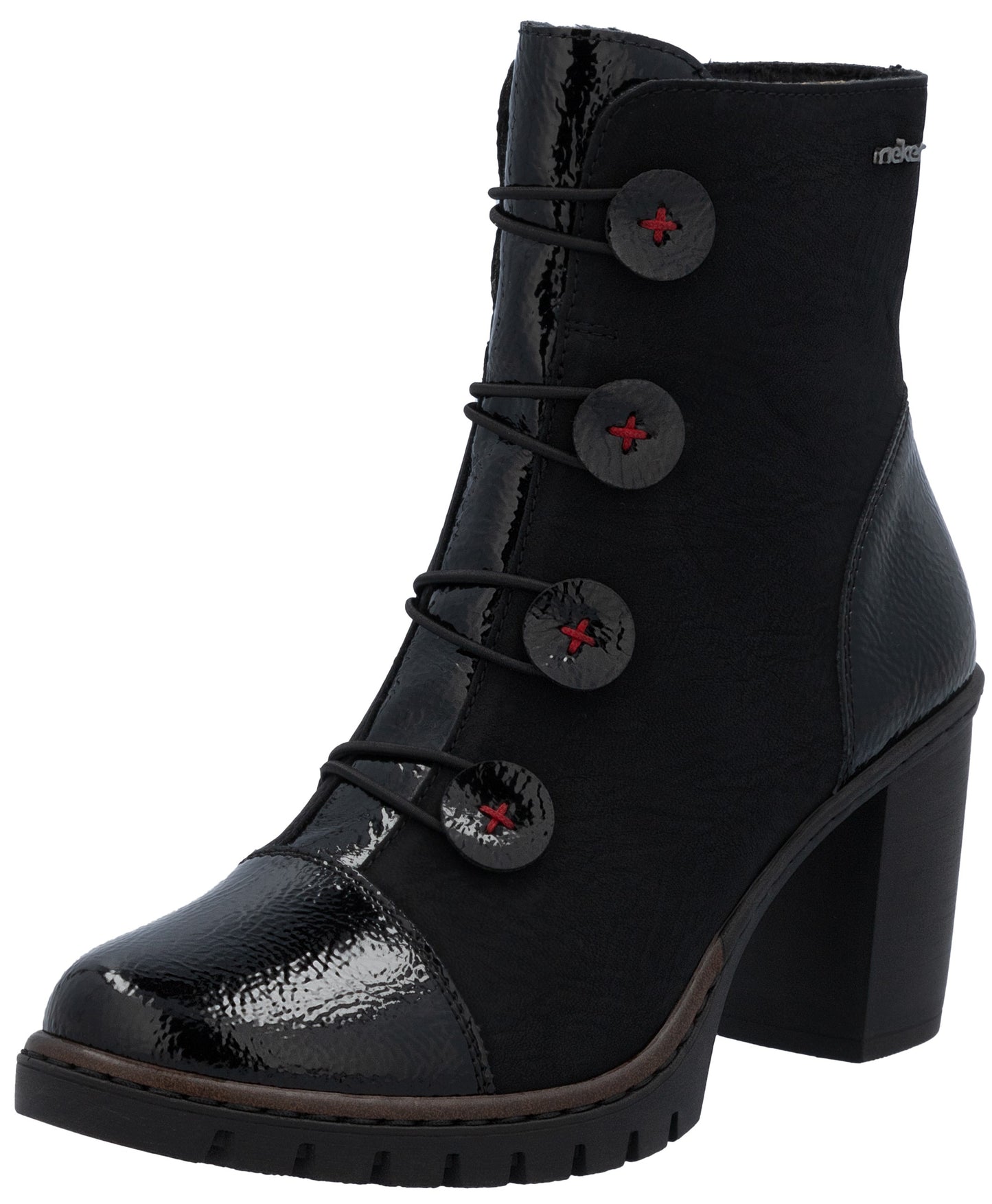 A black ankle boot with a block heel, a textured patent leather toe cap, a glossy black vertical panel along the front, and four large circular decorative buttons with red cross-stitch detail on the side.