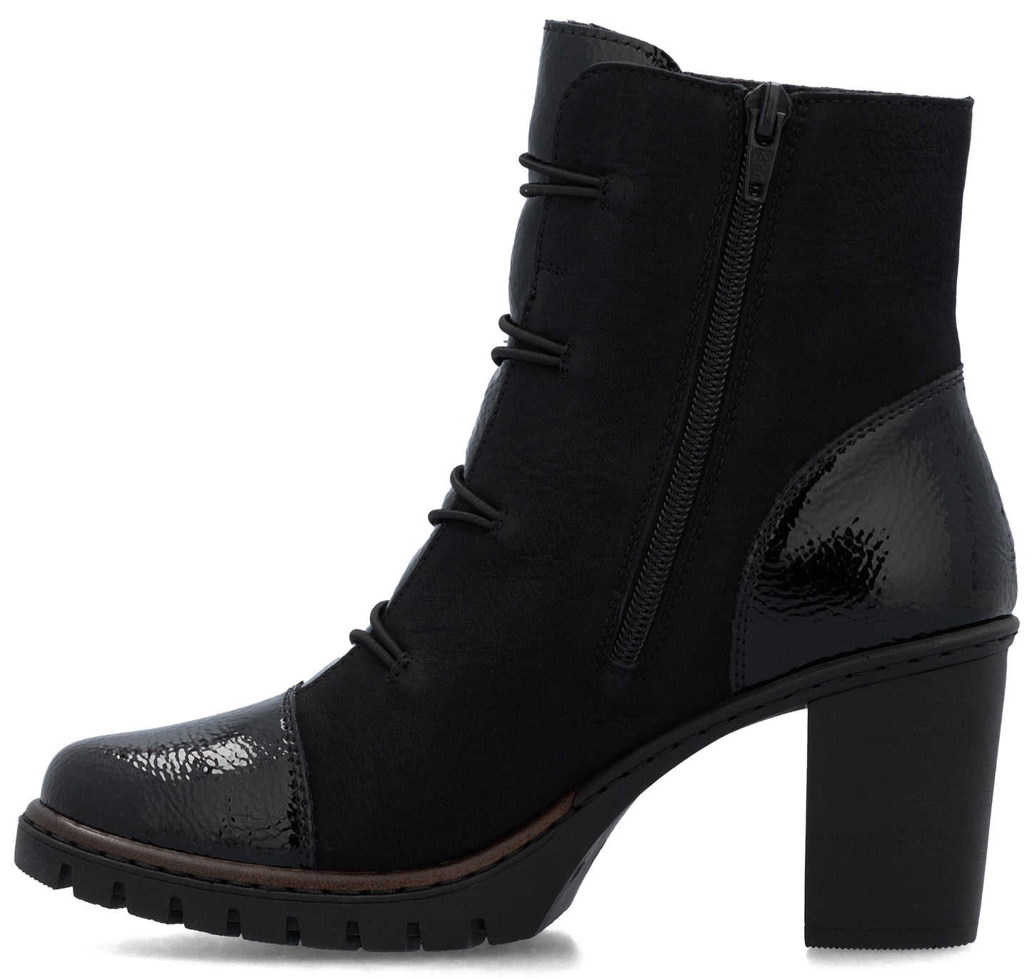A black ankle boot with a high block heel, a textured glossy toe cap, and a matching glossy panel on the heel. The boot features a side zipper closure and decorative lacing along the front with a chunky, lugged sole.