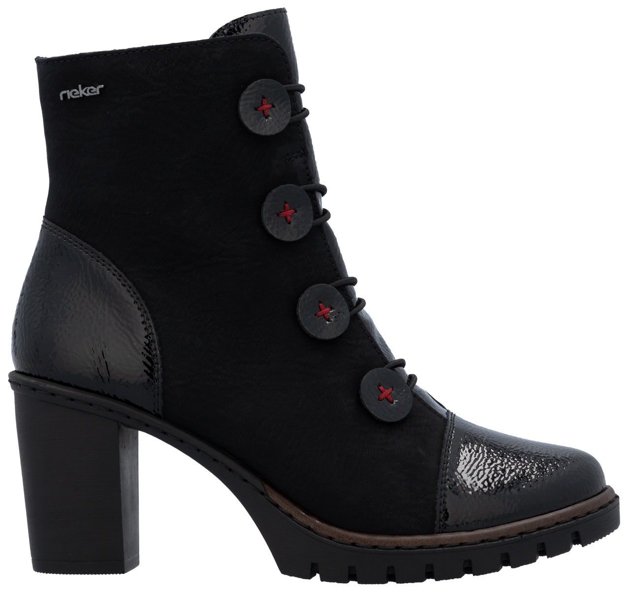 A black ankle boot with a block heel, a textured toe cap and heel counter, and a front panel decorated with four large black buttons featuring red cross-stitch detail.