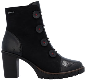 A black ankle boot with a block heel, a textured toe cap and heel counter, and a front panel decorated with four large black buttons featuring red cross-stitch detail.